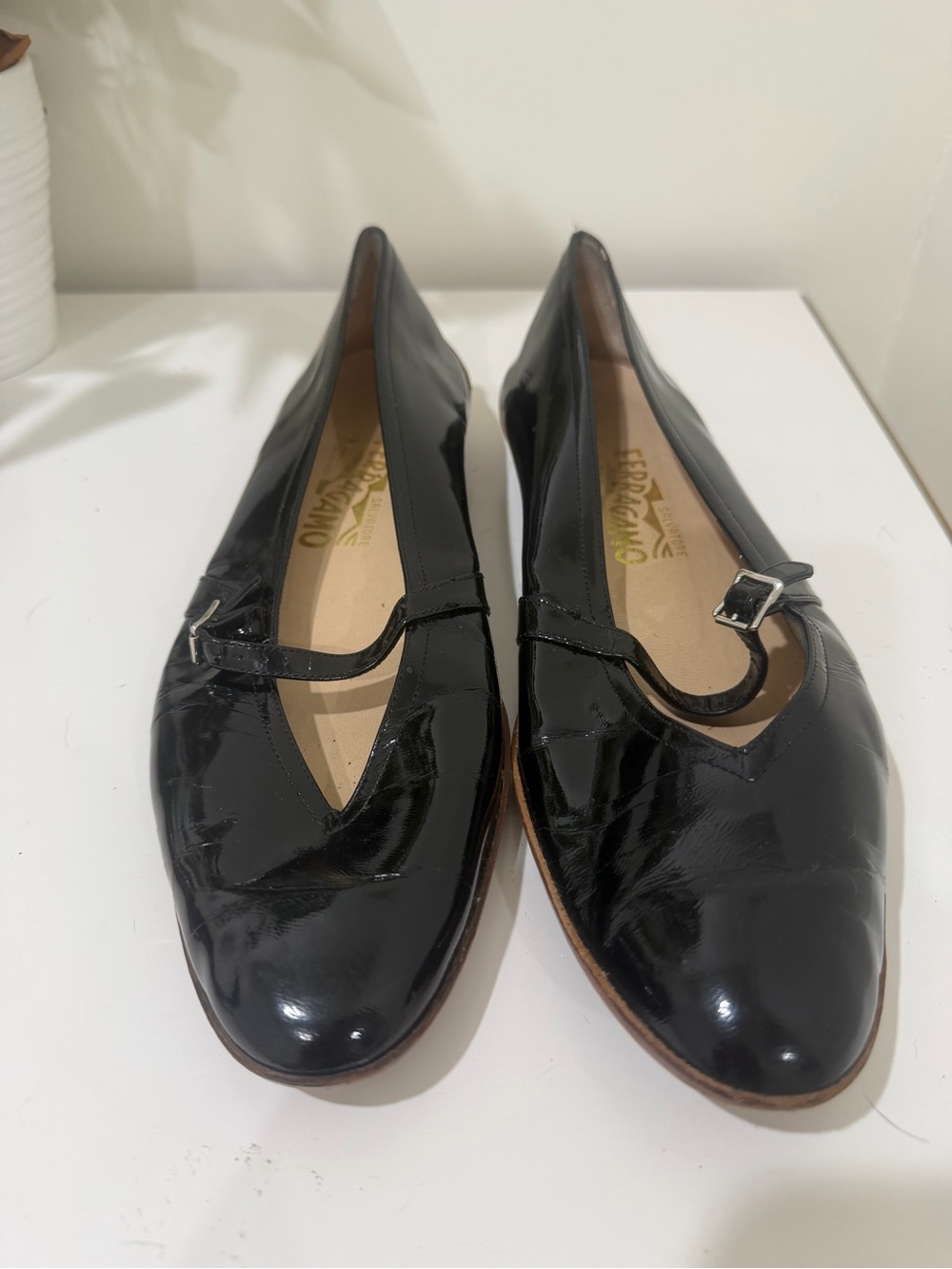 Salvatore Ferragamo Black Patent Leather Mary-Jane Style Flats size 10.5